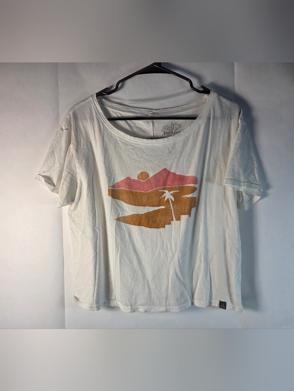 Prana White Tee with Pink and Gold Desert Graphic